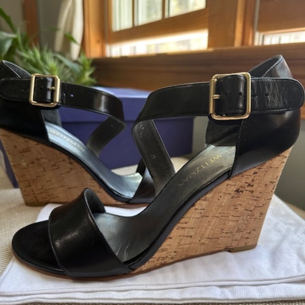 Stuart Weitzman Lineone, black leather strappy wedge sandals in size 8.5